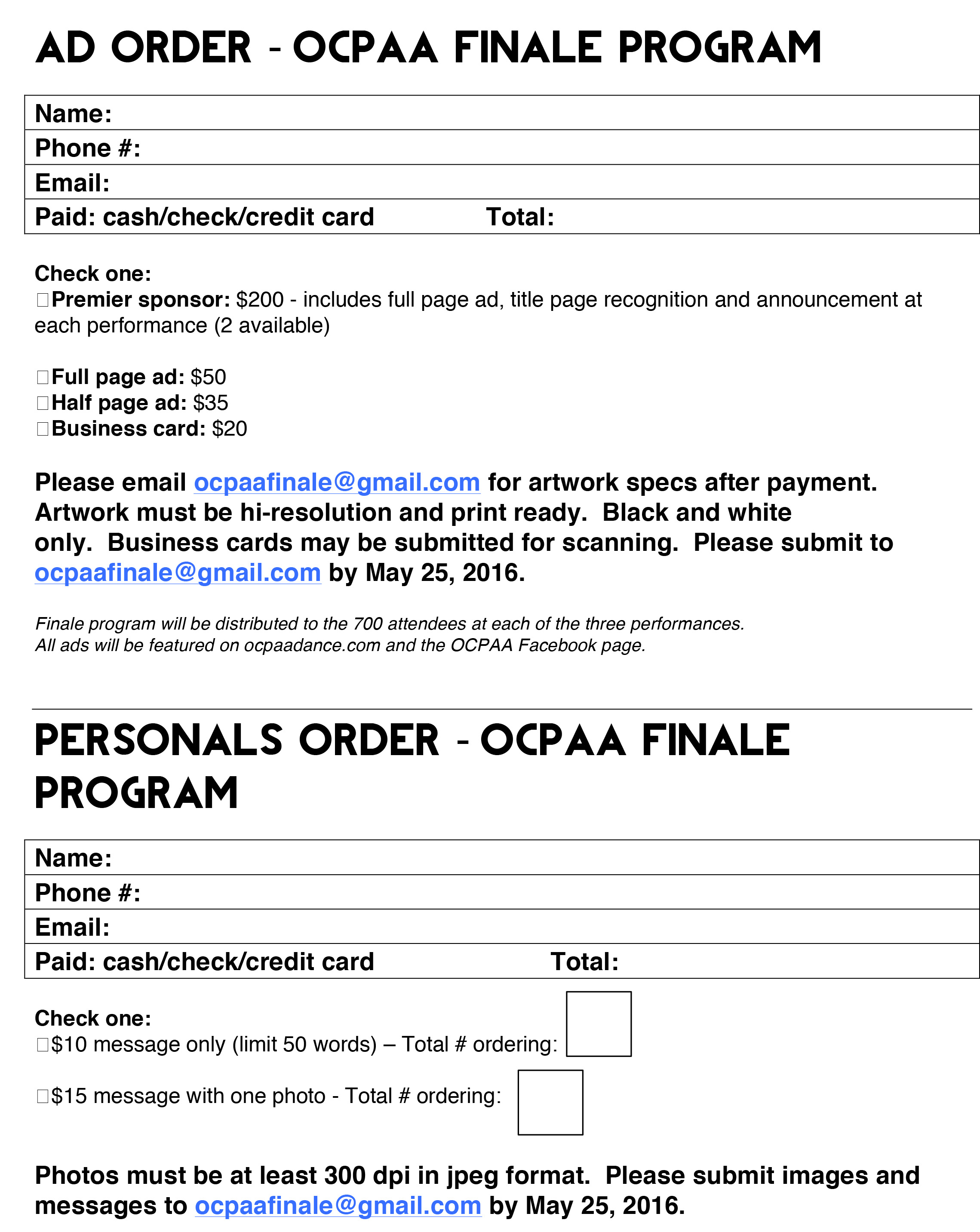Ads and Personals_Order Forms – OCPAA Dance Studio